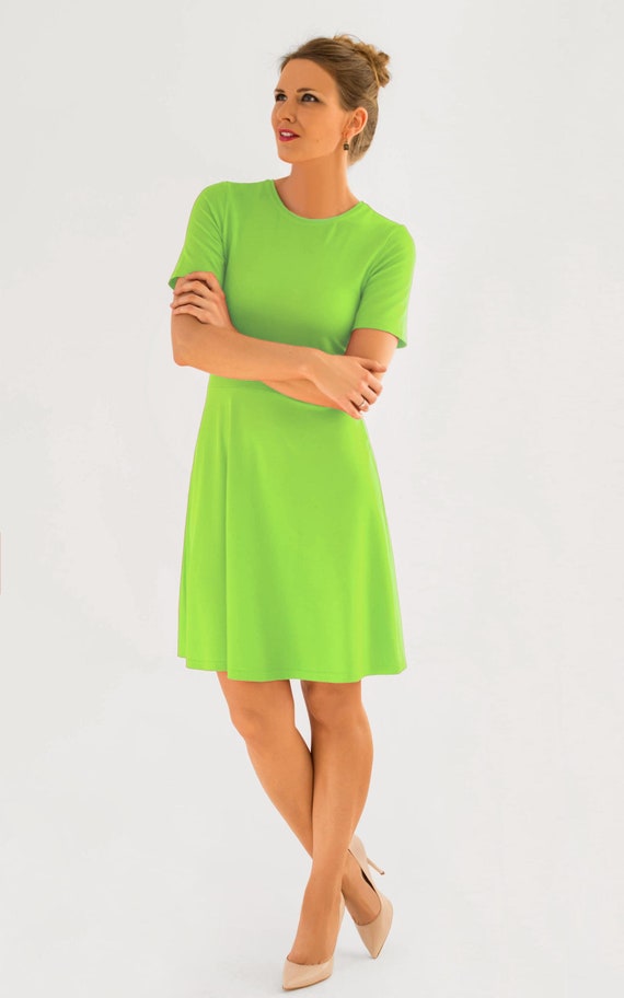 Fairies and Heroes Skater Dress Short Sleeve Lime Green X-line Length of  Your Choice