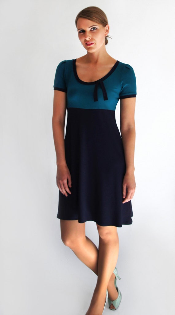 Vestido azul gasolina AVA manga corta figura barato A line