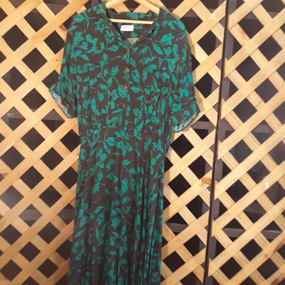 belted teal and black shirt dress Banana Republic Silky Brush Stokes Olive Black Teal Button Belted Shirt  Dress XS