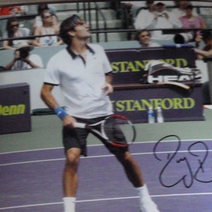 May include: A tennis player in a white polo shirt and black shorts, holding a tennis racket on a court. The court has purple and green surfaces. The word "STANFORD" is visible in the background, along with the word "PENN". The player is wearing white socks and shoes.