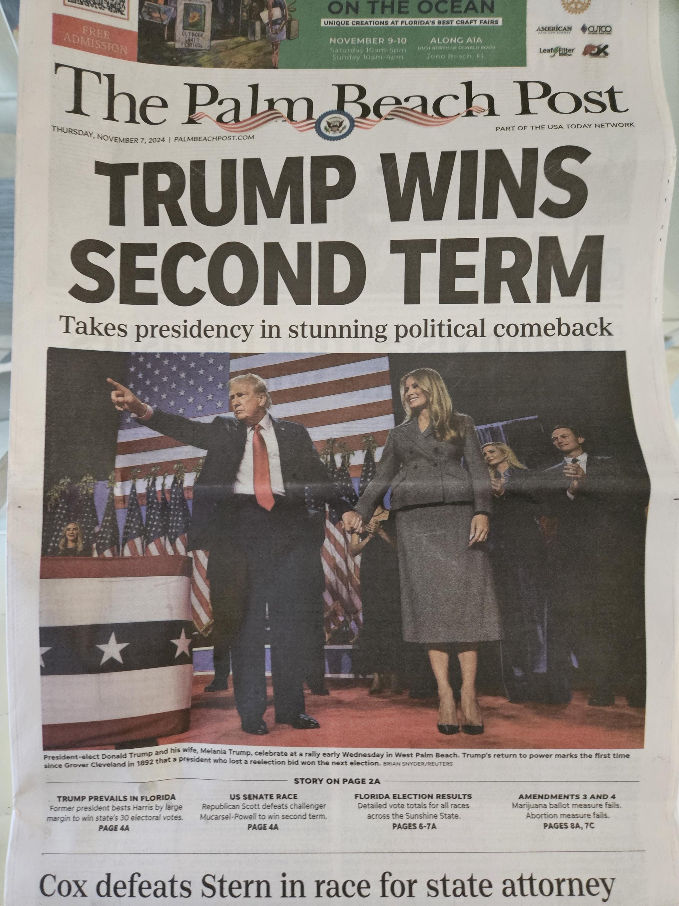 DONALD TRUMP Palm Beach Post November 7 2024 “trump Wins Second