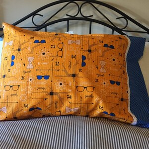 May include: A yellow pillow with a blue and white pattern of glasses, bow ties, and scientific symbols, including the equation E=mc2 and the symbol for pi. The pillow has a blue and white polka dot border.