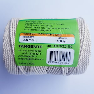 May include: A roll of 2.5 mm thick, 100 meter long, natural colored cotton twine. The label reads "TANGENTE" and includes the product code "FCTV2.5-100".