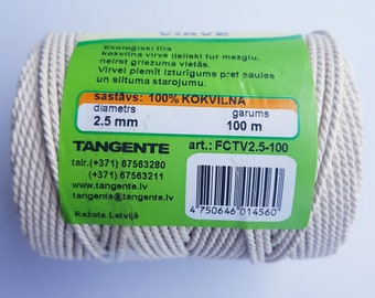 Cotton Cord 2,5 mm/ 50 m/ 100 m Twisted Natural for Macrame