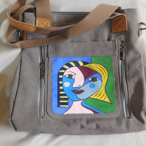Hand painted Picasso denim handbag for women, Picasso inspired upcycled bags for her, Everyday painted handbags, OOAK gifts for friends
