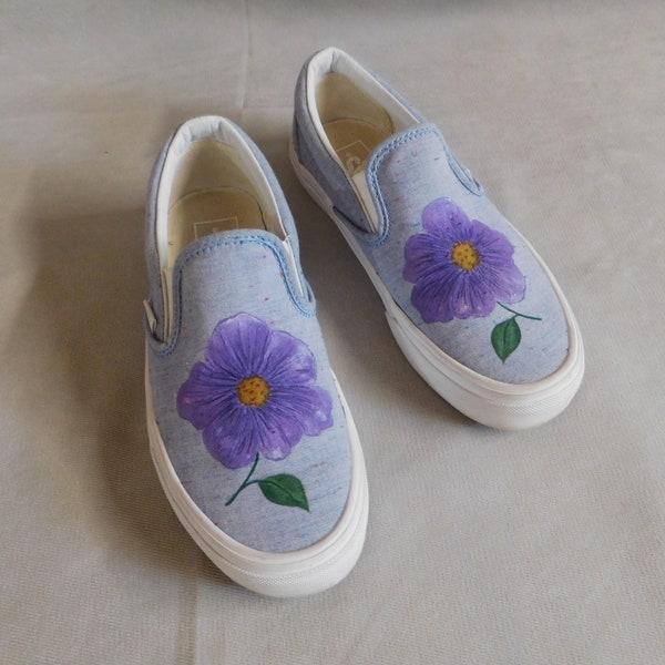 slip on sneakers hand painted, upcycled Vans shoes for women size 6, purple flower painted shoes, summer shoes