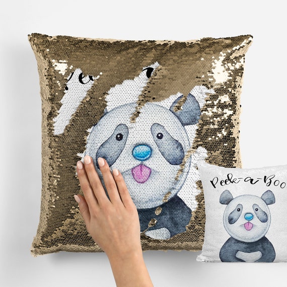 Peek a boo Panda Bear Pillow Reversible Reversible Sequin Cushion Throw Pillow