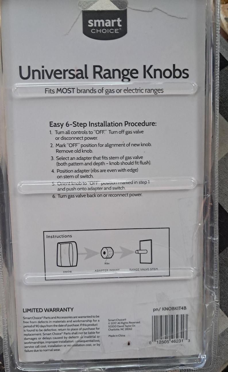 May include: Package of Smart Choice universal range knobs, designed to fit most gas or electric ranges. The packaging includes installation instructions and a limited warranty. The product is labeled with the text "Universal Range Knobs".