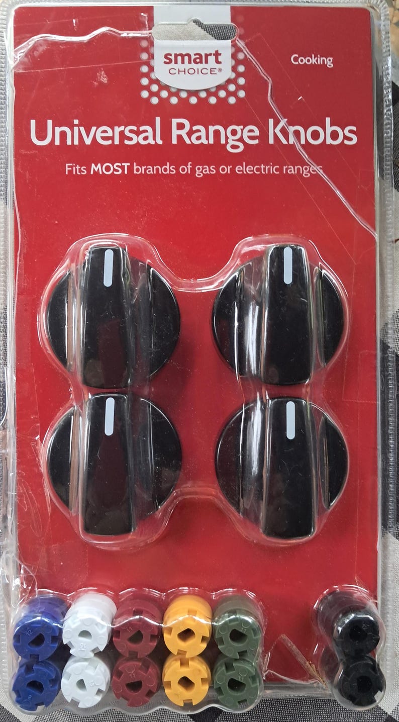 May include: Package of Smart Choice Universal Range Knobs. The package includes four black knobs with white indicator lines and a variety of colored adapters. The packaging is red with white text.
