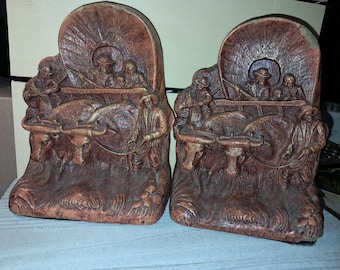Covered wagon with oxen bookends vintage pioneer wagon train scene