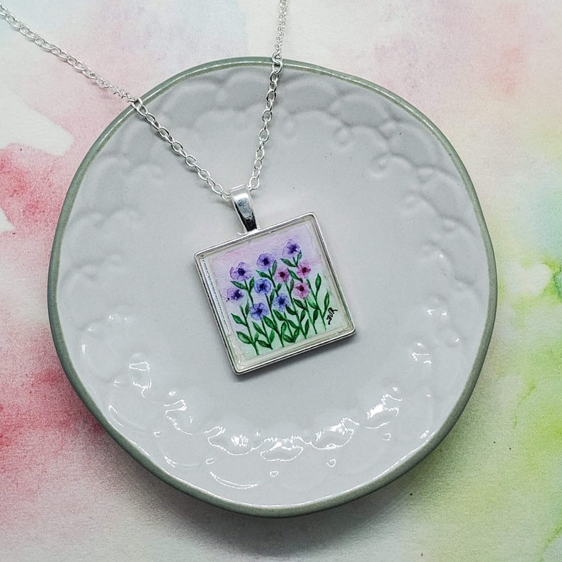 Handmade Pendant Hand Painted Square Pendant Wearable Art Unique Gift Purple and Pink Floral Original Artwork