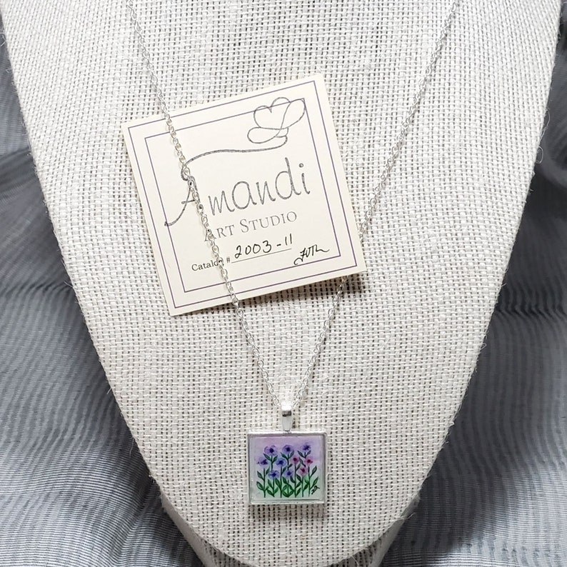 Handmade Pendant Hand Painted Square Pendant Wearable Art Unique Gift Purple and Pink Floral Original Artwork