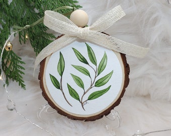 Hand Painted Christmas Ornament | Original Watercolor One-of-a-kind Ornament | Green Leaves Watercolor Artwork