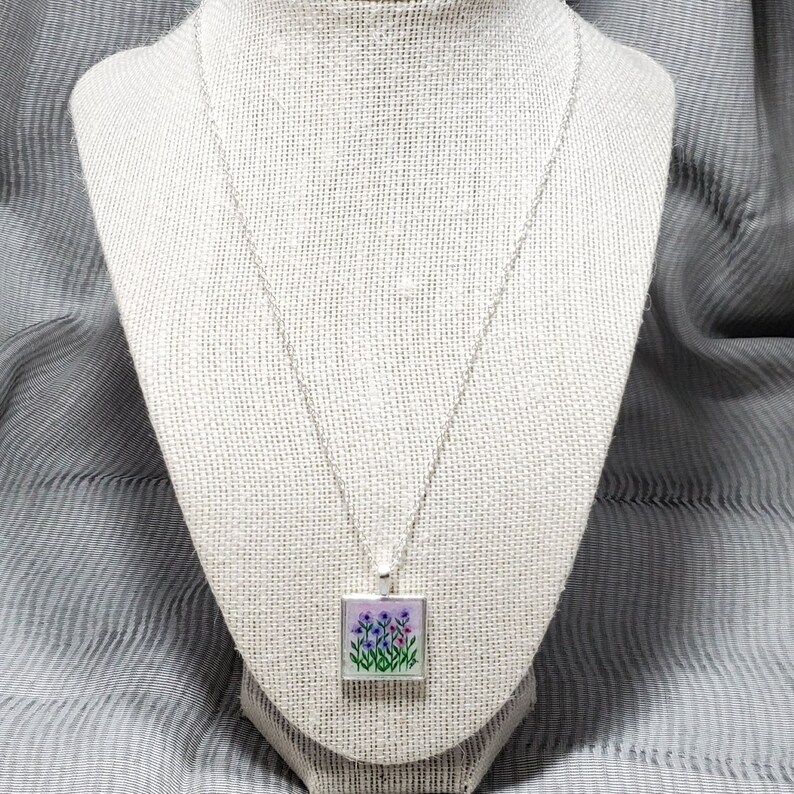 Handmade Pendant Hand Painted Square Pendant Wearable Art Unique Gift Purple and Pink Floral Original Artwork