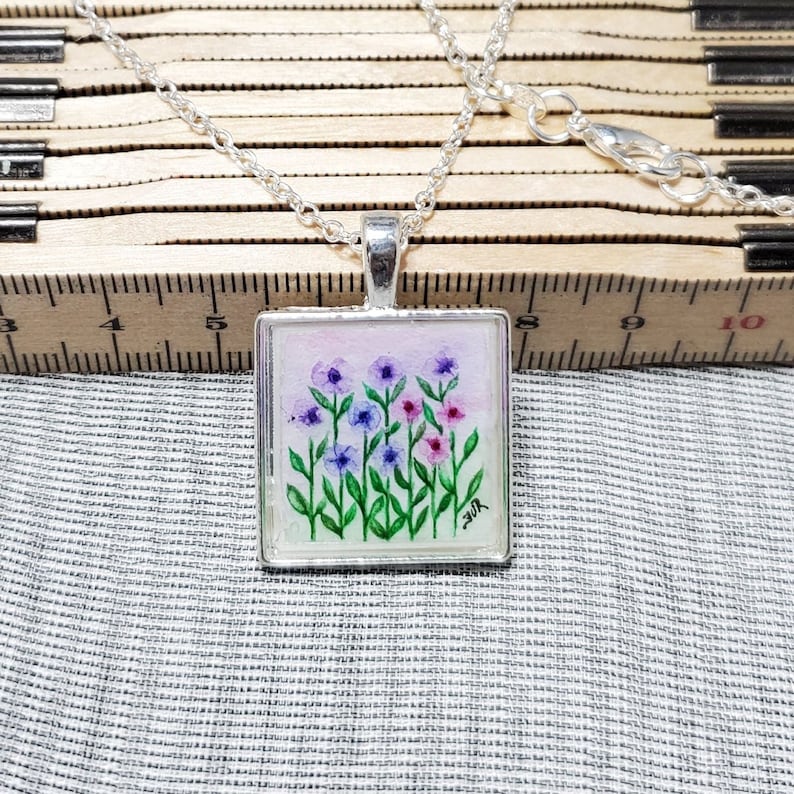 Handmade Pendant Hand Painted Square Pendant Wearable Art Unique Gift Purple and Pink Floral Original Artwork