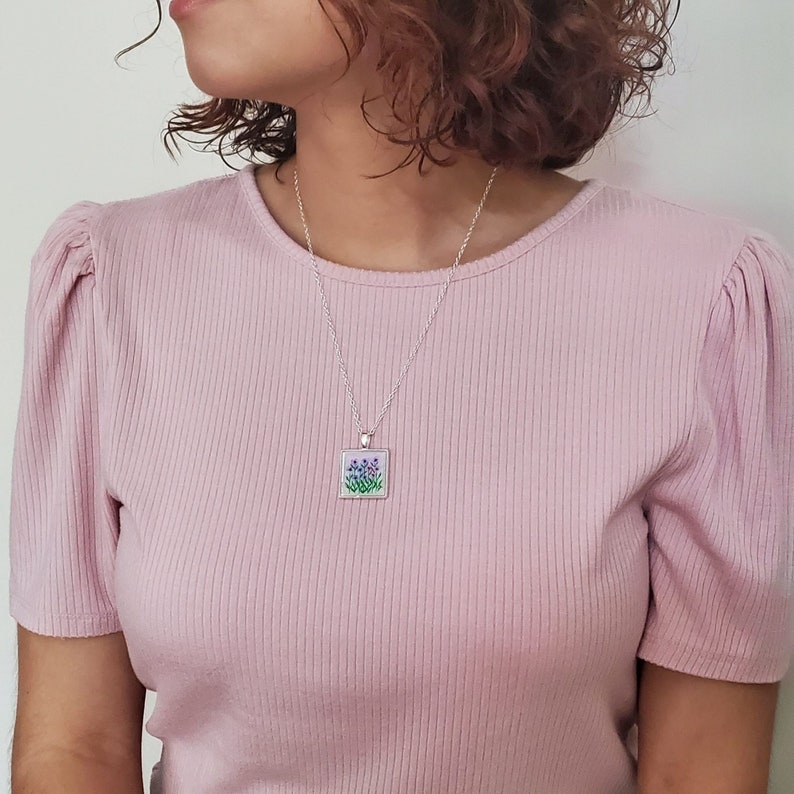 Handmade Pendant Hand Painted Square Pendant Wearable Art Unique Gift Purple and Pink Floral Original Artwork