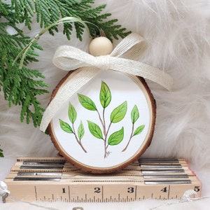 Hand Painted Christmas Ornament | Original Watercolor One-of-a-kind Ornament | Green Leaves Watercolor Artwork
