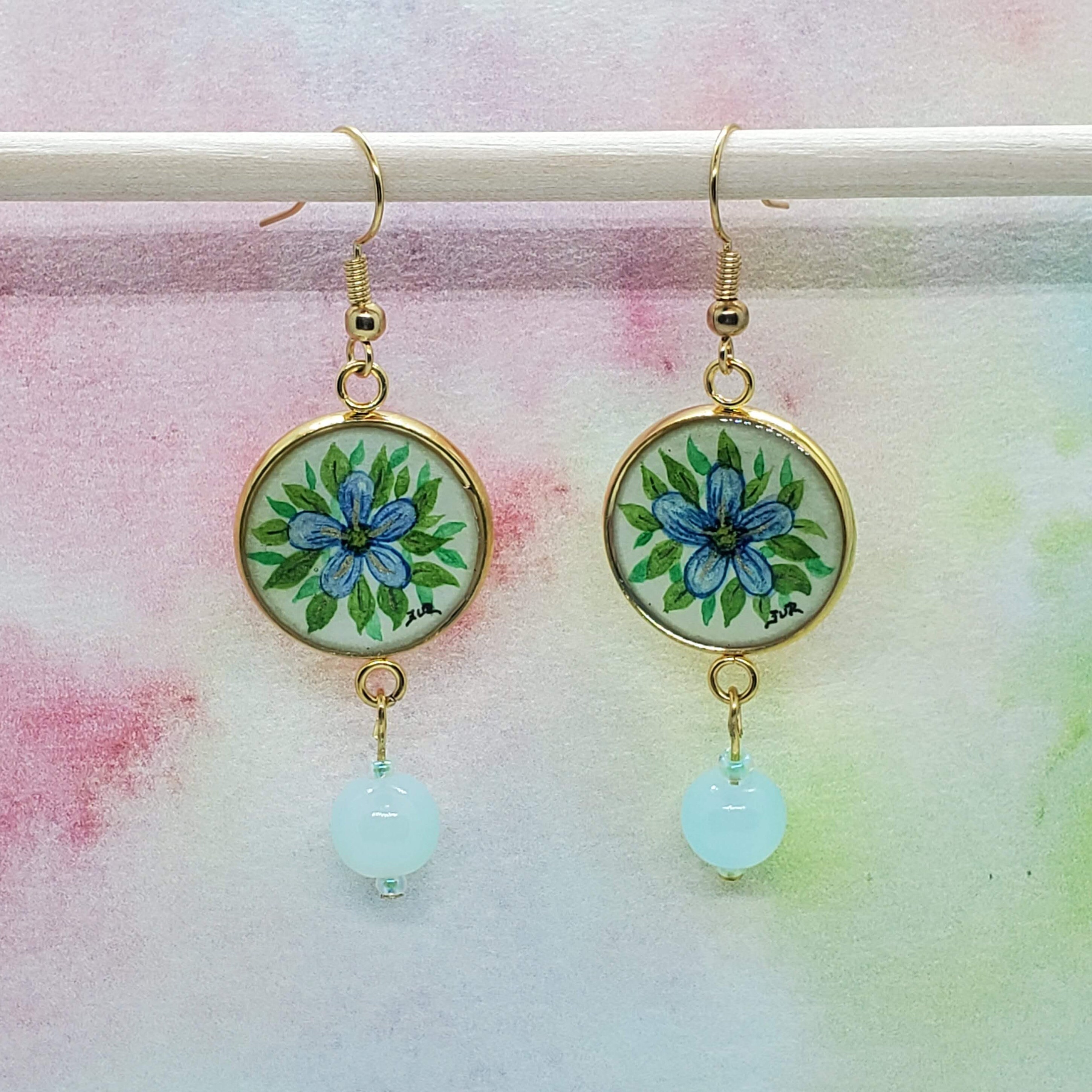 Hand Painted Earrings Original Watercolor Blue Flower and Etsy