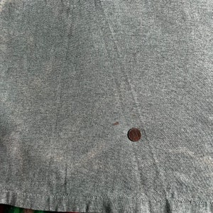 May include: A close-up of a gray t-shirt with a small brown stain. A penny is placed on the fabric to show the scale.