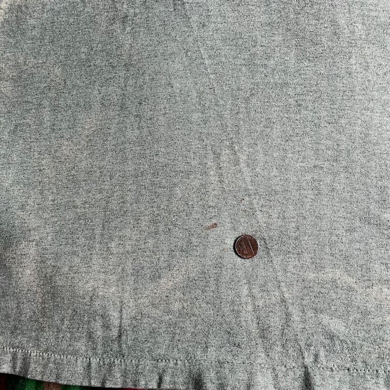 May include: A close-up of a gray t-shirt with a small brown stain. A penny is placed on the fabric to show the scale.