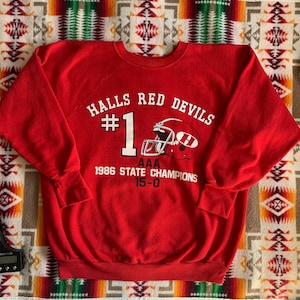 Bluza Vintage Halls Red Devils wyprodukowana w USA w 1986 r. Mistrzowie stanu futbolu amerykańskiego Knoxville
