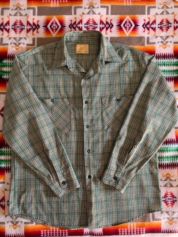 Vintage Sears Perma Prest Plaid Work Shirt Cats Eye Buttons 