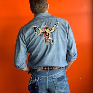 Vintage 60’s Sears cotton chambray work shirt made in USA cat’s eye buttons embroidered