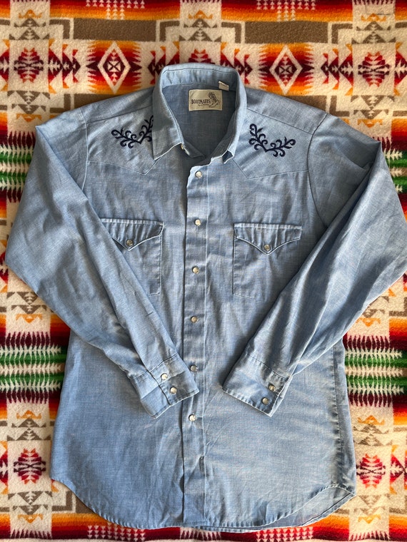 Vintage JC Penney Bootmates Chambray Western Shirt Pearl Snap 