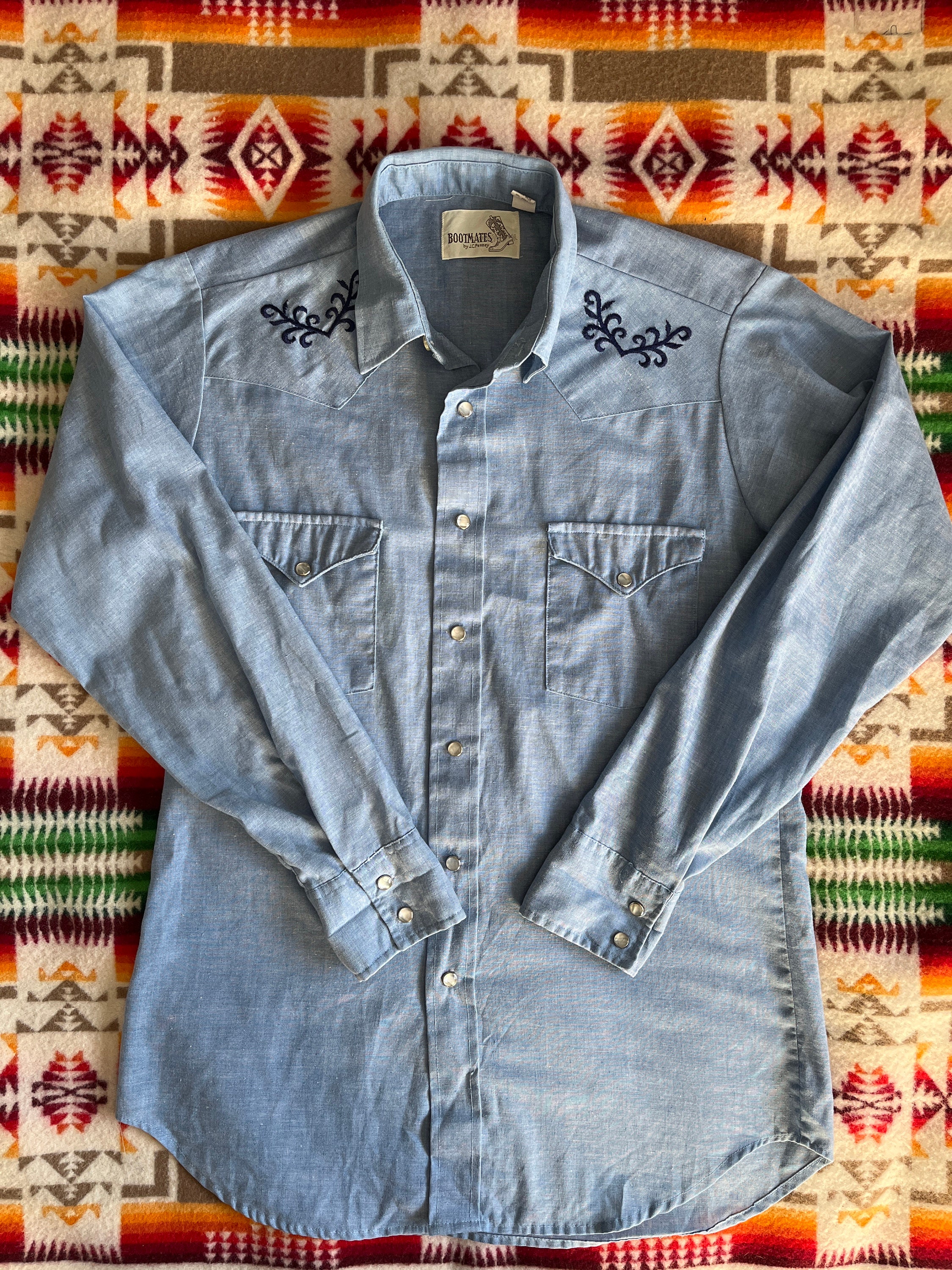 Vintage JC Penney Bootmates Chambray Western Shirt Pearl Snap 