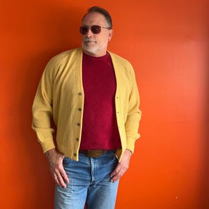 Vintage 70s Yellow Alpaca Cardigan Sweater Made in USA Large