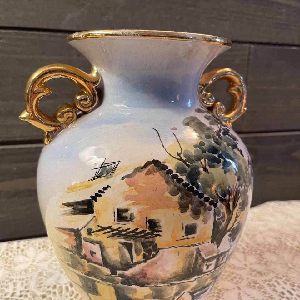 Vintage Handpainted Vase Gold Handles 9x7 Etsy