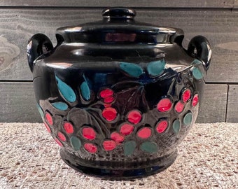 Vintage Stoneware Bean Pot with Cherries