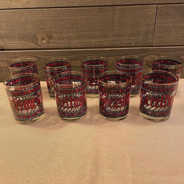 Vintage Christmas Houze Seasons Greetings Lowball Drinking Cocktail Glasses set of 9