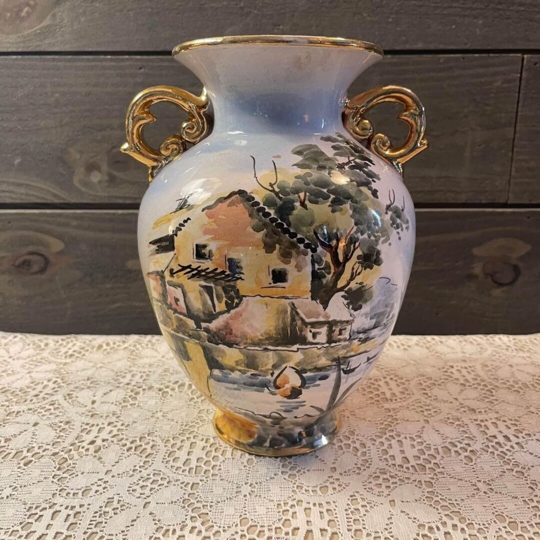 Vintage Handpainted Vase Gold Handles 9x7 Etsy