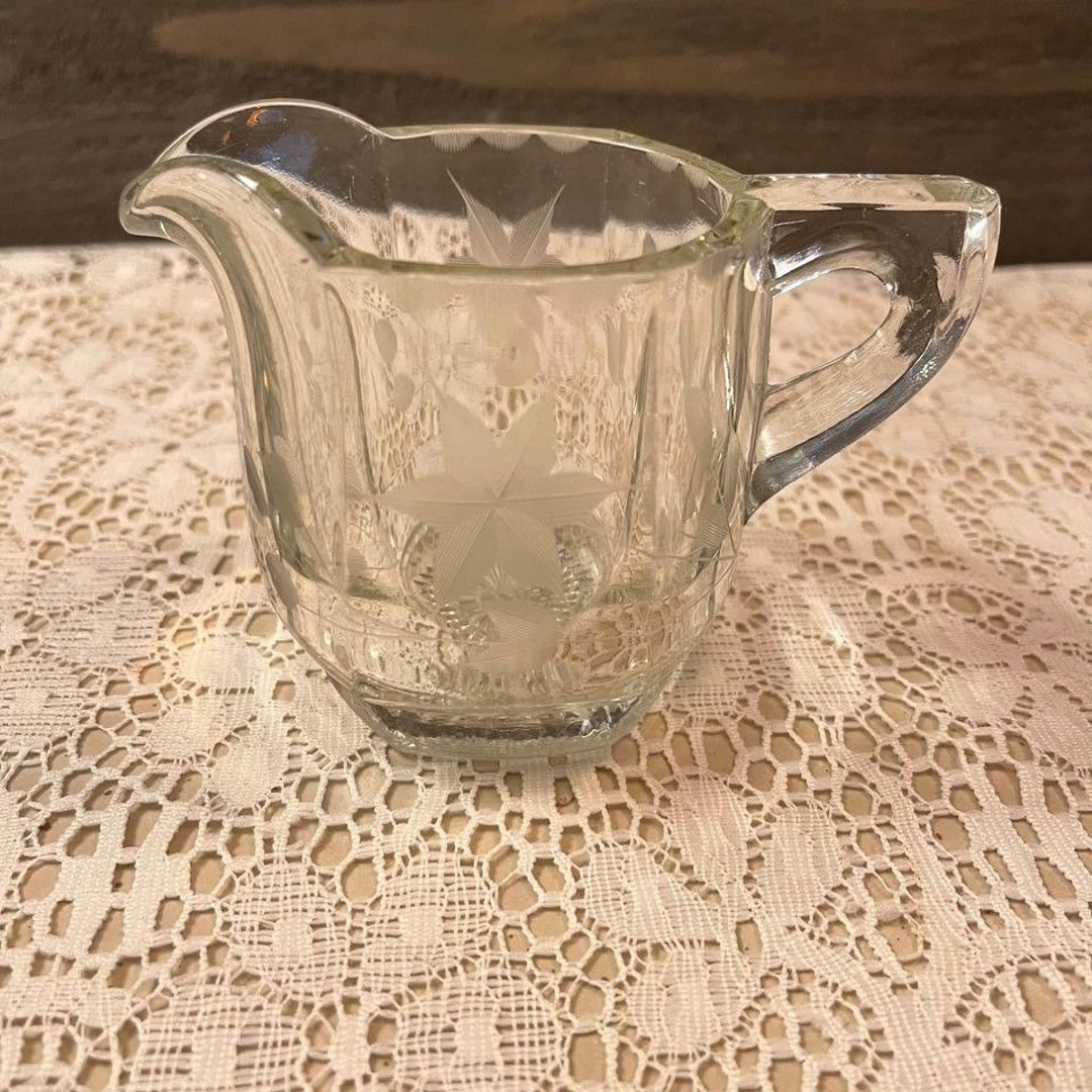 Vintage Etched Creamer Thick Glass Etsy