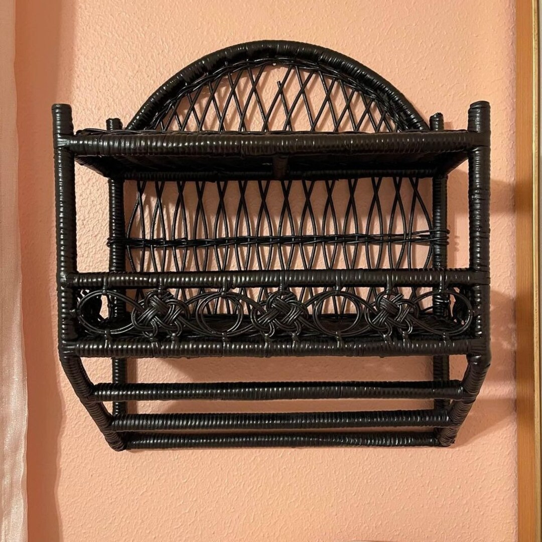 Vintage Black Wicker Shelf With Towel Rack 2 Shelves Etsy
