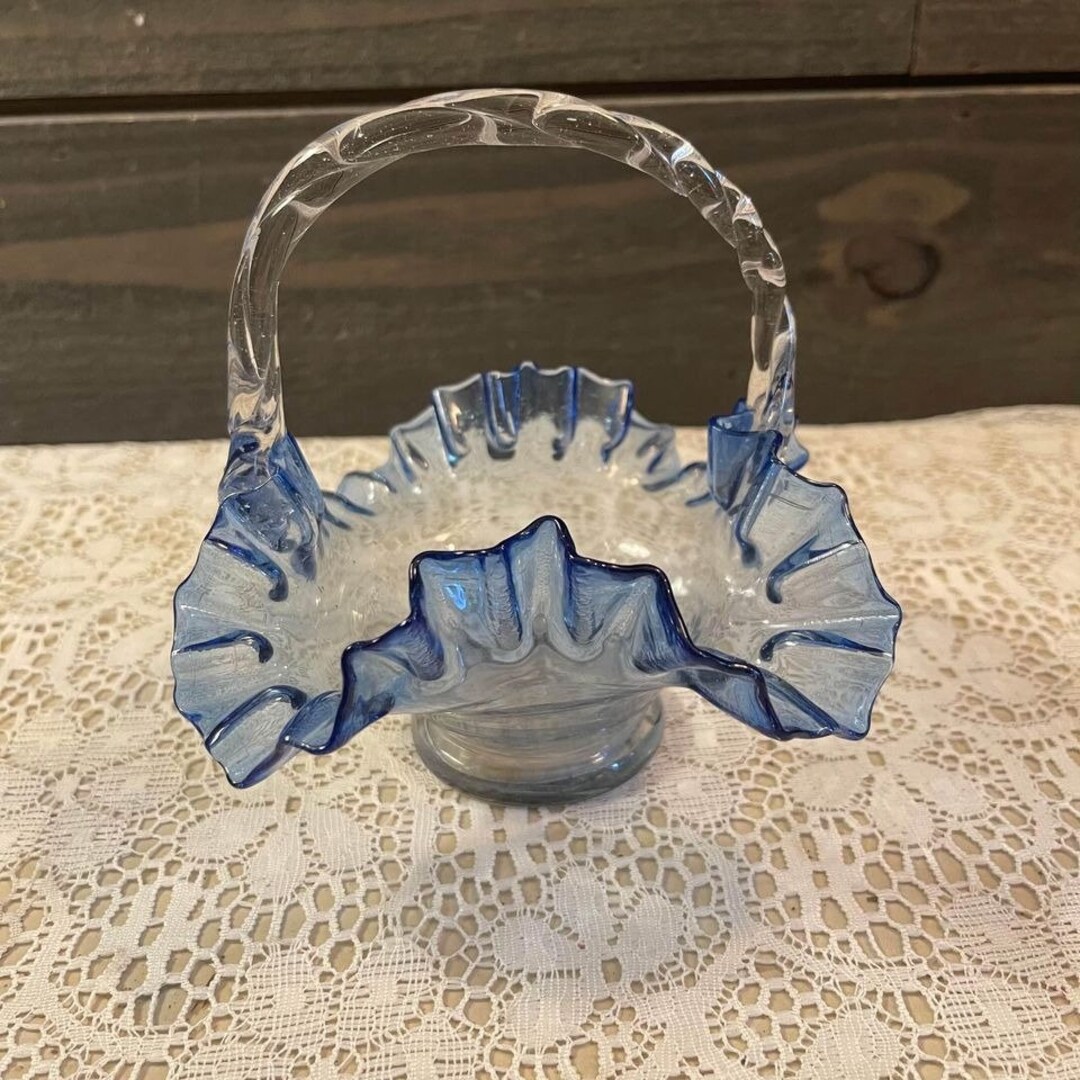 Vintage Blue Glass Basket Fenton Style Art Glass Ruffeled Etsy