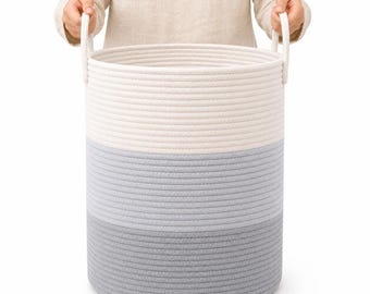 OrganiHaus XL Cotton Rope Blanket Basket | Large Storage Baskets for Organizing, Laundry and Nursery | (Tall) 15x18 (3-Toned Gray)