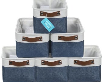 OrganiHaus Small Fabric Storage Baskets for Shelves 6 Pack | 12x8in Closet Storage Bins for Shelves | Closet Organizers - Navy Blue/White
