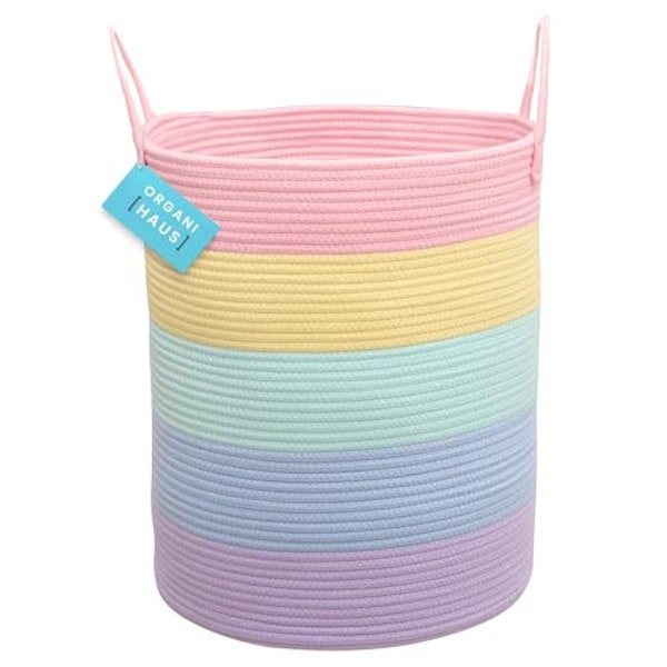 OrganiHaus Rainbow Basket for Pastel Classroom Decor | Large Cotton Rope Basket for Pastel Room Decor 15x18