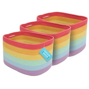 OrganiHaus 3-Pack Rope Rainbow Storage Baskets for Shelves | Rainbow Baskets for Classroom | Baby Basket for Nursery Storage 15x9x9in