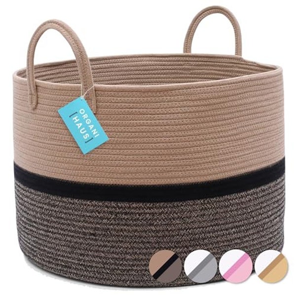 OrganiHaus XXL Extra Large Cotton Rope Basket | 20"x13" Nursery Storage Basket with Long Handles | Blanket Organizer Basket | Brown & Black