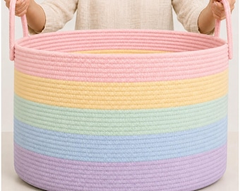 OrganiHaus Rainbow Basket for Pastel Classroom Decor | Large Cotton Rope Basket for Pastel Room Decor | Toy Storage Baskets. 20x13