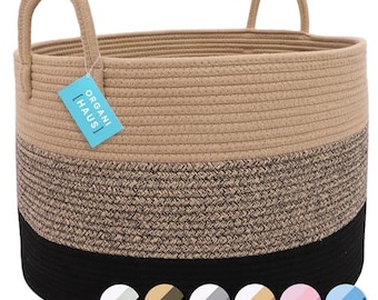 OrganiHaus XXL Cotton Rope Blanket Basket | Decorative Storage Baskets for Organizing, Laundry and Nursery | (Wide) 20x13 (3-Toned Brown)