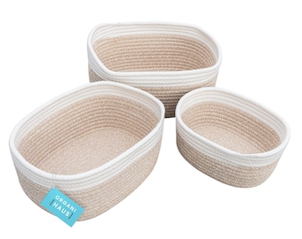 OrganiHaus Set of 3 Woven Cotton Rope Nursery Storage Baskets | Decorative Organizers Bin for Baby Rooms, Closets, Diapers - Mixed Honey