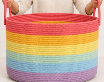 OrganiHaus Rainbow Cotton Rope Storage Basket with Handles 20”x13” | Colorful Unicorn Decor for Kids Toy Storage Baskets for Organizing