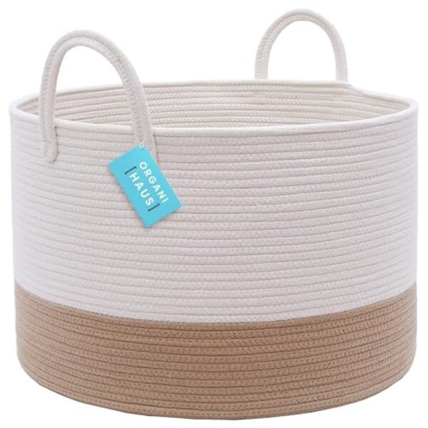 OrganiHaus Neutral Cotton Rope Nursery Storage Basket | Baskets for Laundry, Pillows and Blankets | Wide 20"x13" - Honey/White