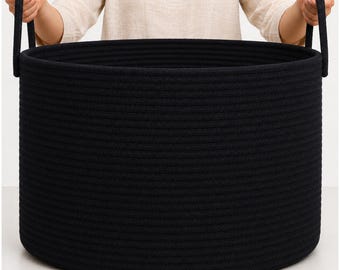 OrganiHaus XXL Cotton Rope Basket | Wide 20”x13” Storage Basket with Long Handles | Decorative Large Basket for Blankets (Full Black)