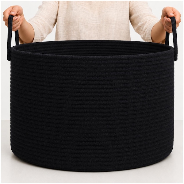 OrganiHaus XXL Cotton Rope Basket | Wide 20”x13” Storage Basket with Long Handles | Decorative Large Basket for Blankets (Full Black)