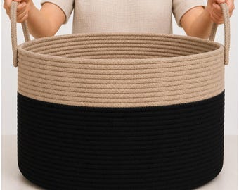 OrganiHaus Cotton Rope Wide Storage Basket, Black/Honey Nursery Hamper (20"x13.3")